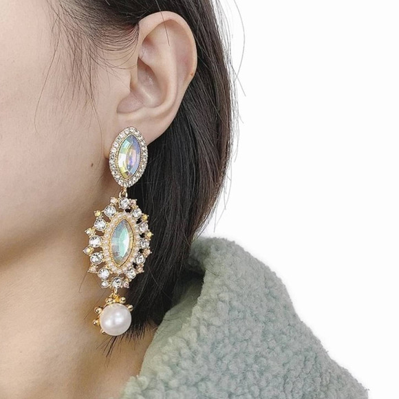 Luxurious Faux Pearl Zircon Large Statement Earrings 18k Gold Plated - Picture 1 of 8